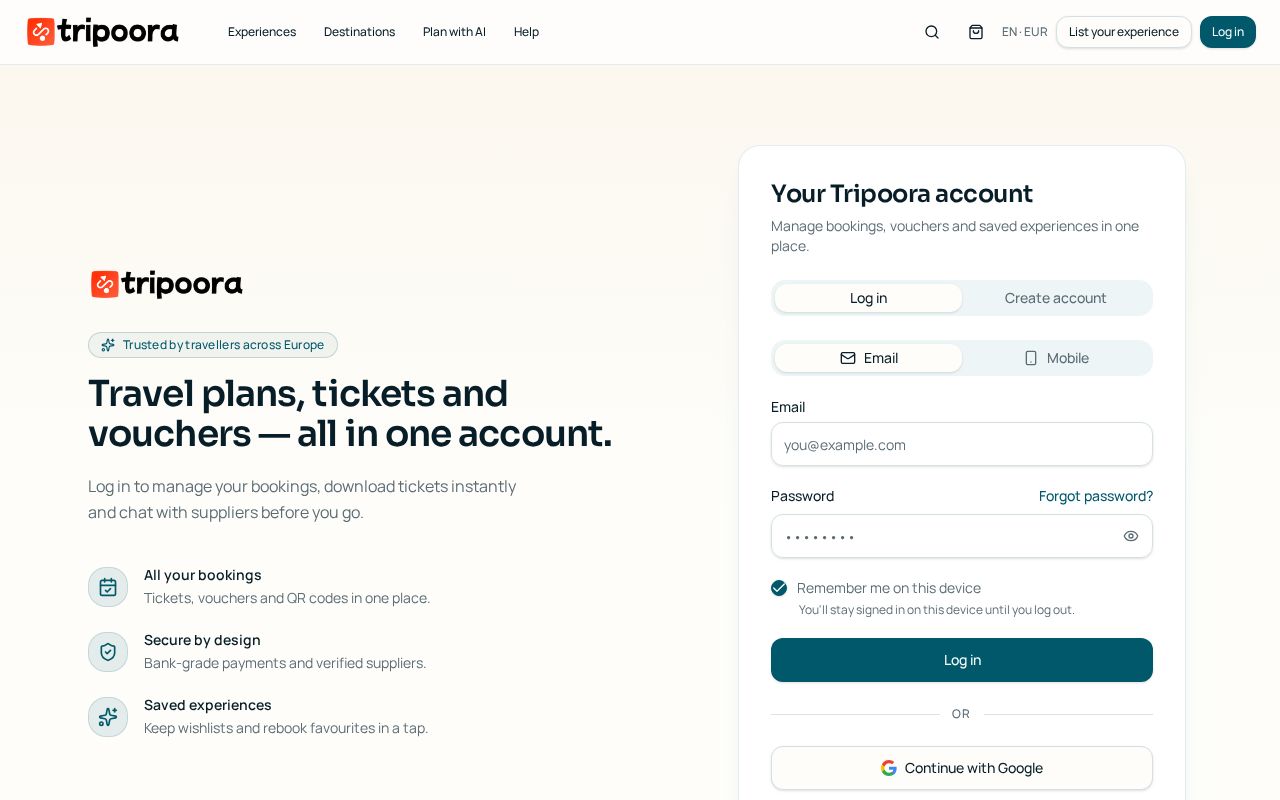 Tripoora log in screen with email, mobile and Google options