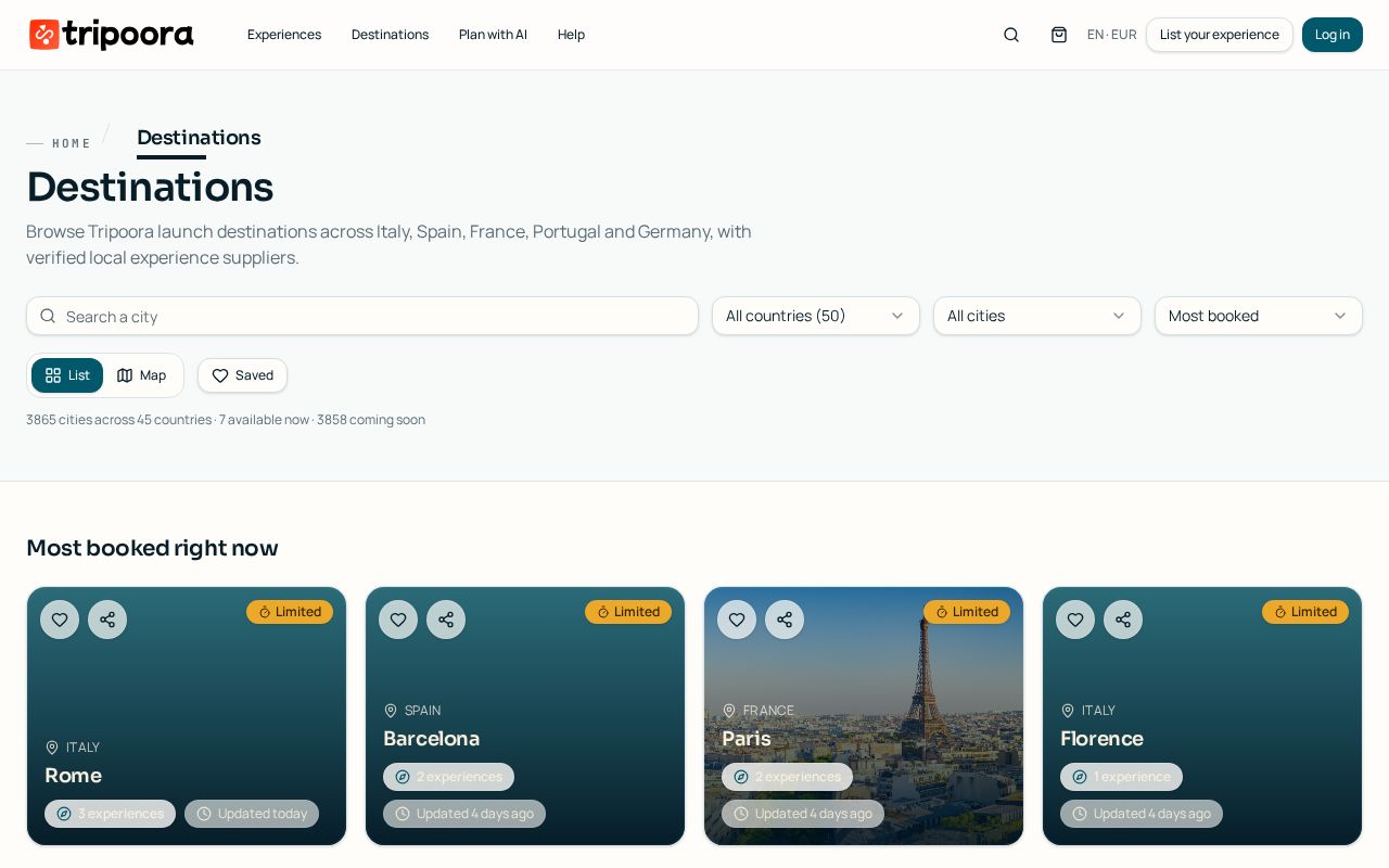 Destinations hub showing live cities and cities marked coming soon
