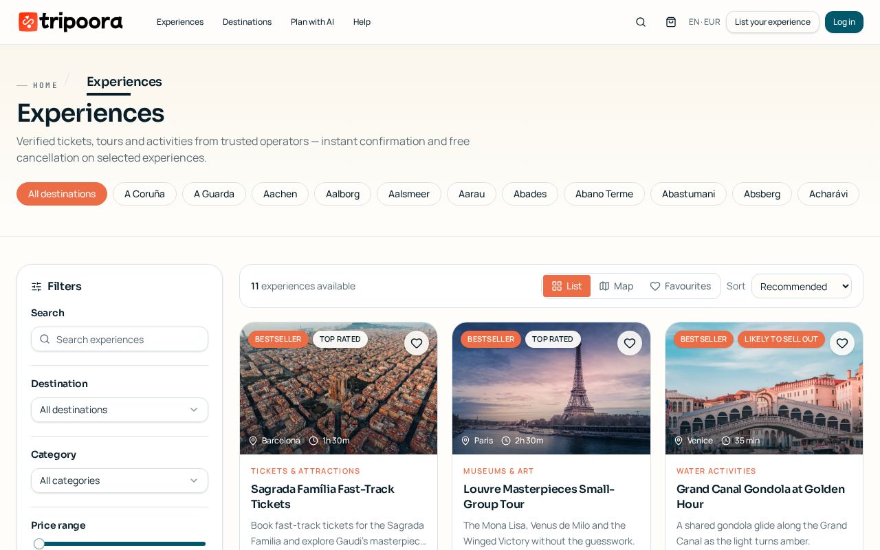 Experiences search results with filters, map and experience cards