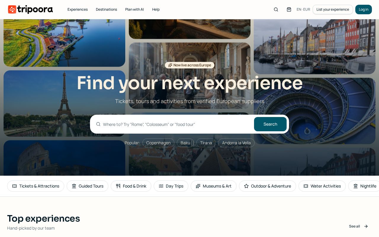 Tripoora home page with the search bar and popular destinations