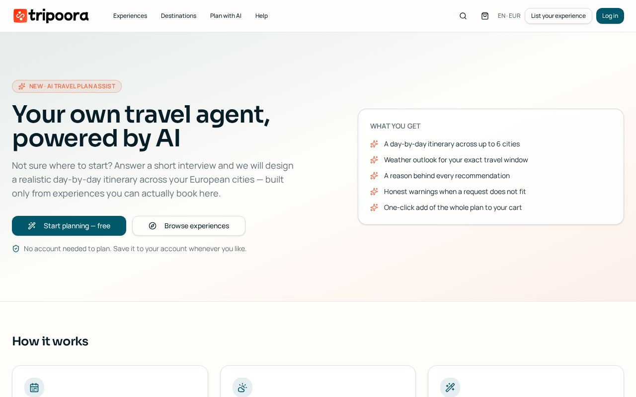 AI travel plan builder start screen