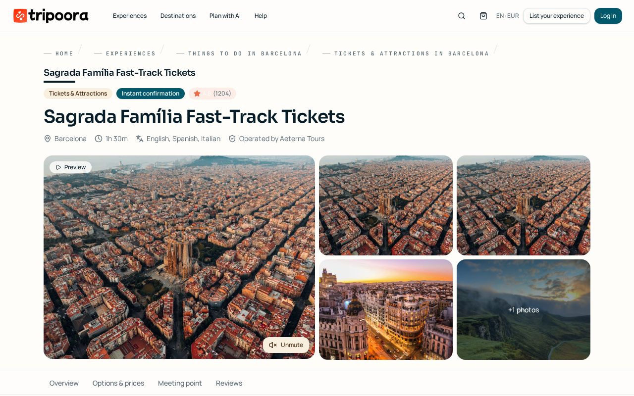 Experience detail page with media gallery, options and the booking widget